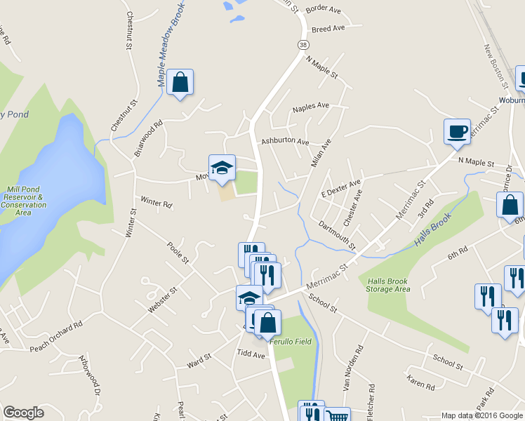map of restaurants, bars, coffee shops, grocery stores, and more near 4 East Dexter Avenue in Woburn