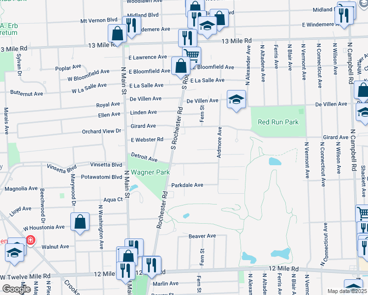 map of restaurants, bars, coffee shops, grocery stores, and more near 2604 Rochester Road in Royal Oak
