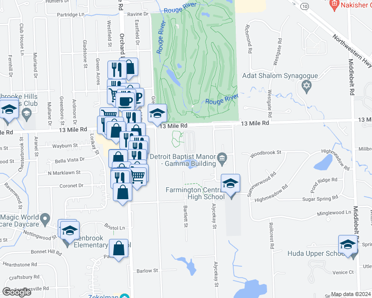 map of restaurants, bars, coffee shops, grocery stores, and more near 29387 Glen Oaks Boulevard East in Farmington Hills