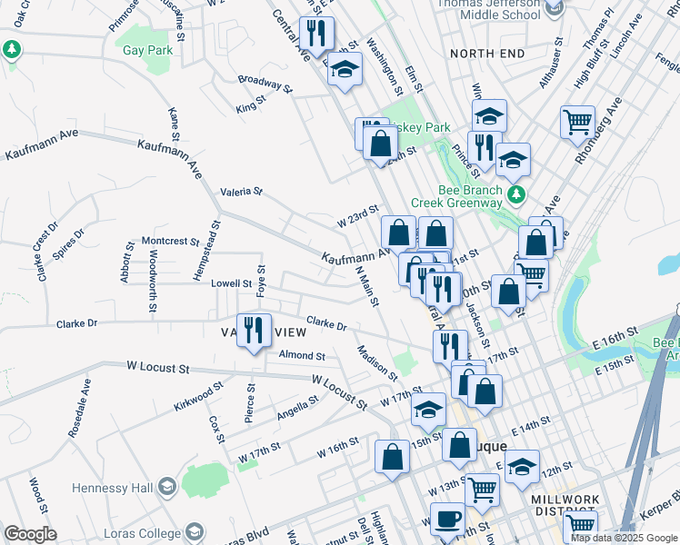 map of restaurants, bars, coffee shops, grocery stores, and more near 321 Kaufmann Avenue in Dubuque
