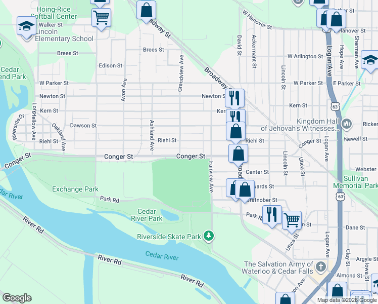 map of restaurants, bars, coffee shops, grocery stores, and more near 633 Riehl Street in Waterloo