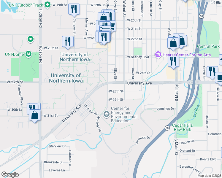 map of restaurants, bars, coffee shops, grocery stores, and more near 8009 University Avenue in Cedar Falls