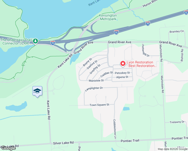 map of restaurants, bars, coffee shops, grocery stores, and more near 263-275 Grayling St in Lyon Township