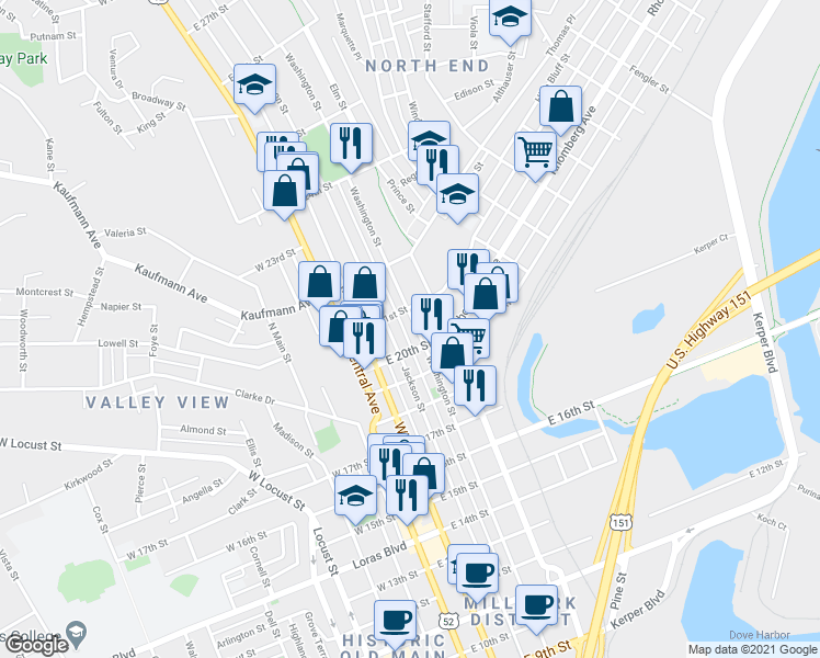 map of restaurants, bars, coffee shops, grocery stores, and more near 2035 Washington Street in Dubuque