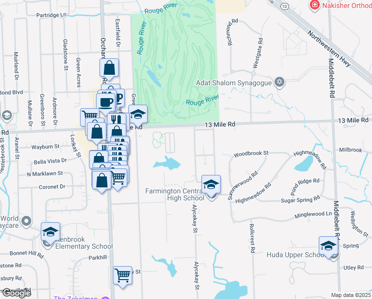map of restaurants, bars, coffee shops, grocery stores, and more near 30301 West 13 Mile Road in Farmington Hills