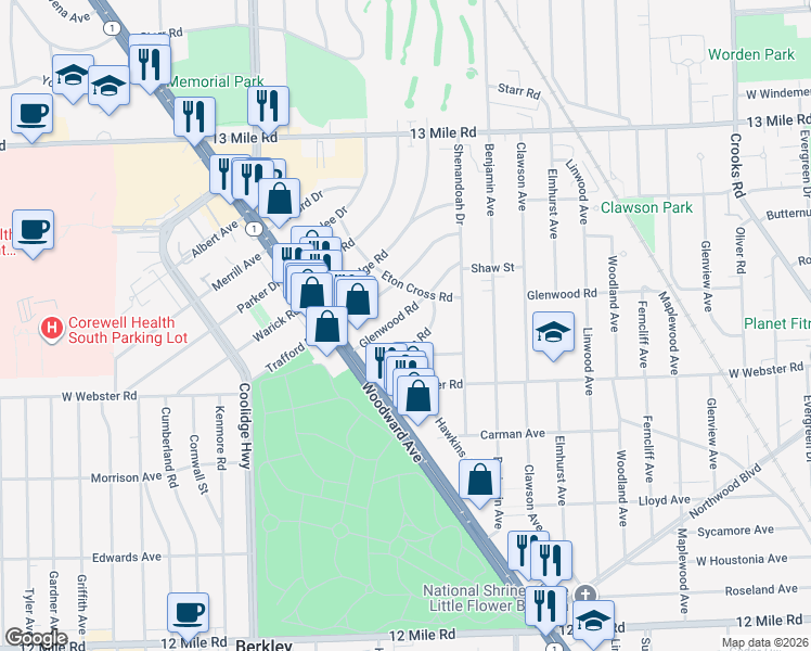 map of restaurants, bars, coffee shops, grocery stores, and more near 2716 Glenwood Road in Royal Oak