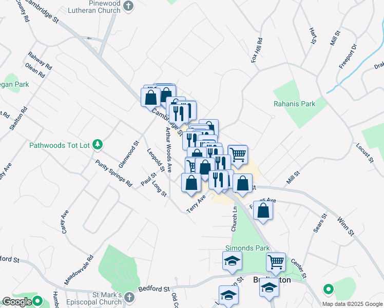 map of restaurants, bars, coffee shops, grocery stores, and more near 235 Cambridge Street in Burlington