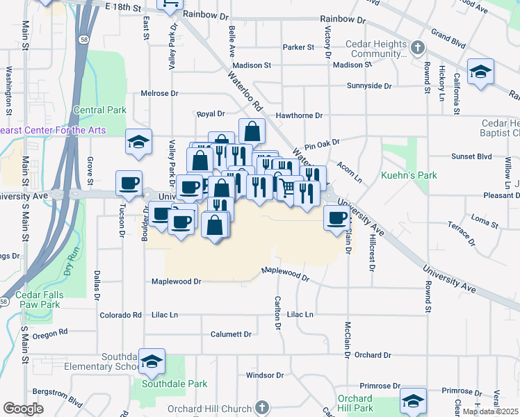 map of restaurants, bars, coffee shops, grocery stores, and more near 6109 University Avenue in Cedar Falls