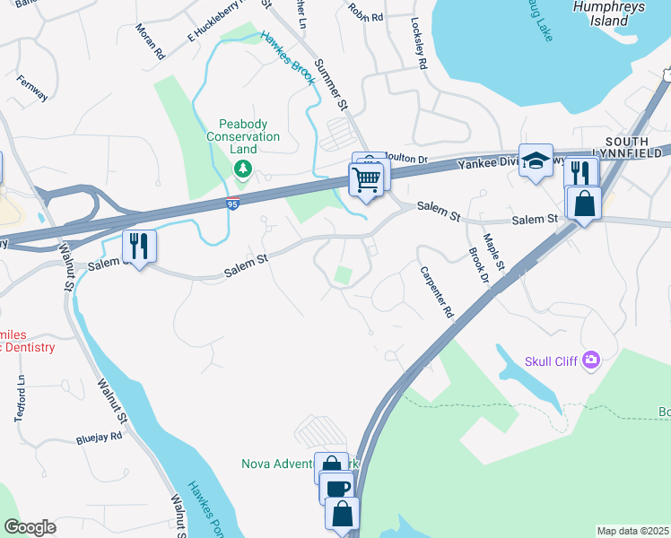 map of restaurants, bars, coffee shops, grocery stores, and more near 525 Salem Street in Lynnfield