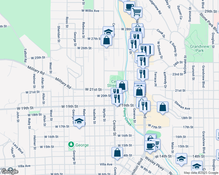 map of restaurants, bars, coffee shops, grocery stores, and more near 1101-1199 W 21st St in Sioux City