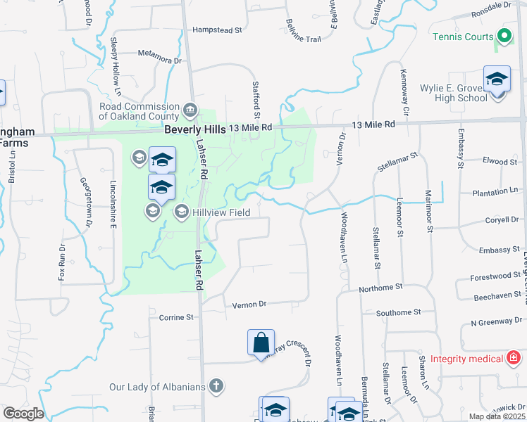 map of restaurants, bars, coffee shops, grocery stores, and more near 21652 Riverview Court in Beverly Hills