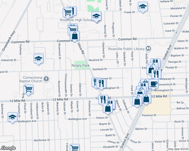 map of restaurants, bars, coffee shops, grocery stores, and more near 29332 Utica Road in Roseville