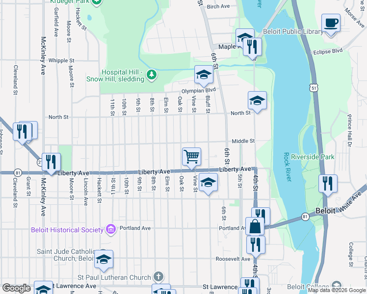 map of restaurants, bars, coffee shops, grocery stores, and more near 503 Middle Street in Beloit