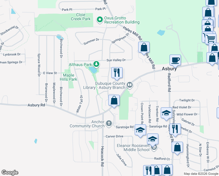 map of restaurants, bars, coffee shops, grocery stores, and more near 2450 Springreen Drive in Asbury