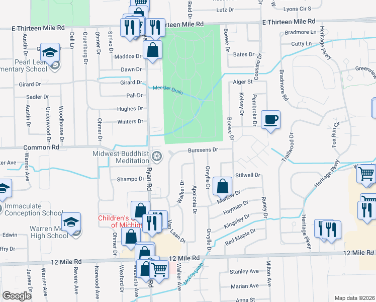 map of restaurants, bars, coffee shops, grocery stores, and more near in Warren