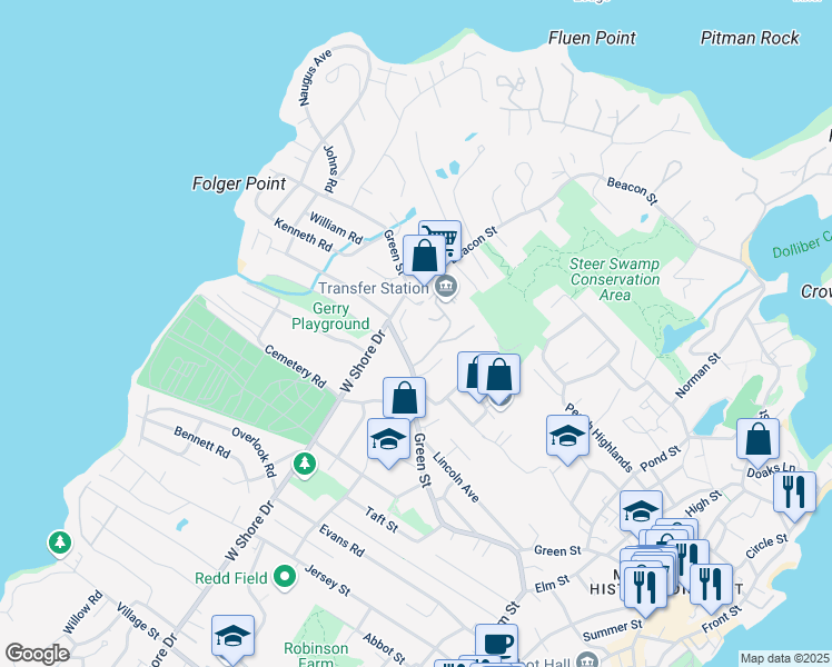 map of restaurants, bars, coffee shops, grocery stores, and more near 5R Woodfin Terrace in Marblehead