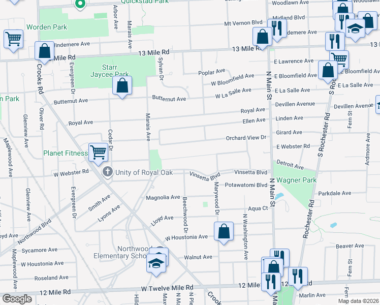 map of restaurants, bars, coffee shops, grocery stores, and more near 622 West Webster Road in Royal Oak