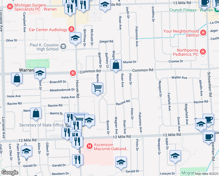 map of restaurants, bars, coffee shops, grocery stores, and more near 29750 Bonnie Drive in Warren