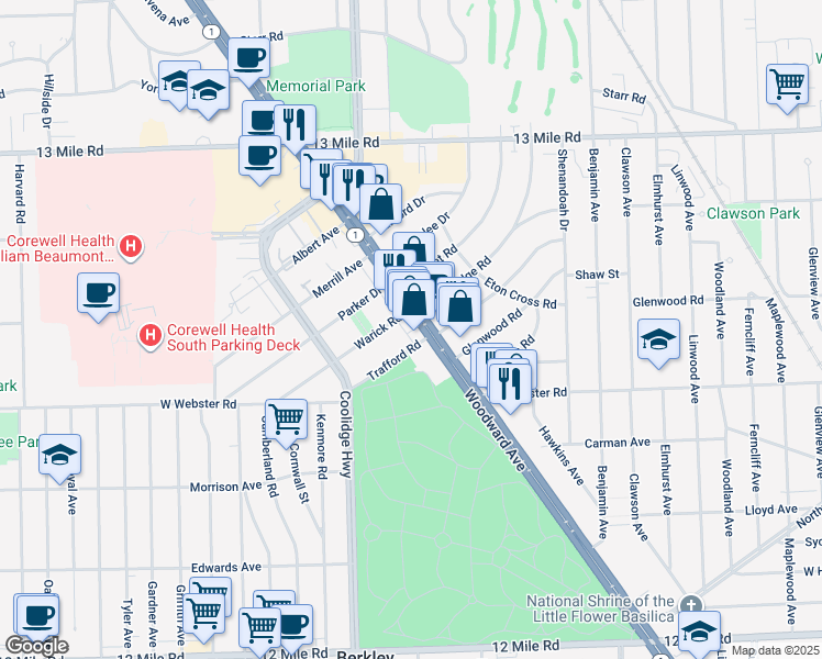 map of restaurants, bars, coffee shops, grocery stores, and more near 3116 Warick Road in Royal Oak