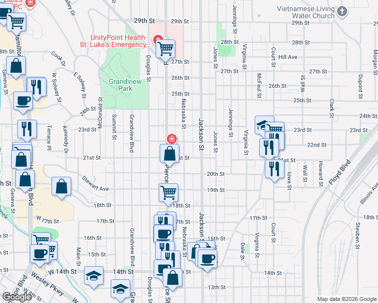 map of restaurants, bars, coffee shops, grocery stores, and more near 2121 Nebraska Street in Sioux City