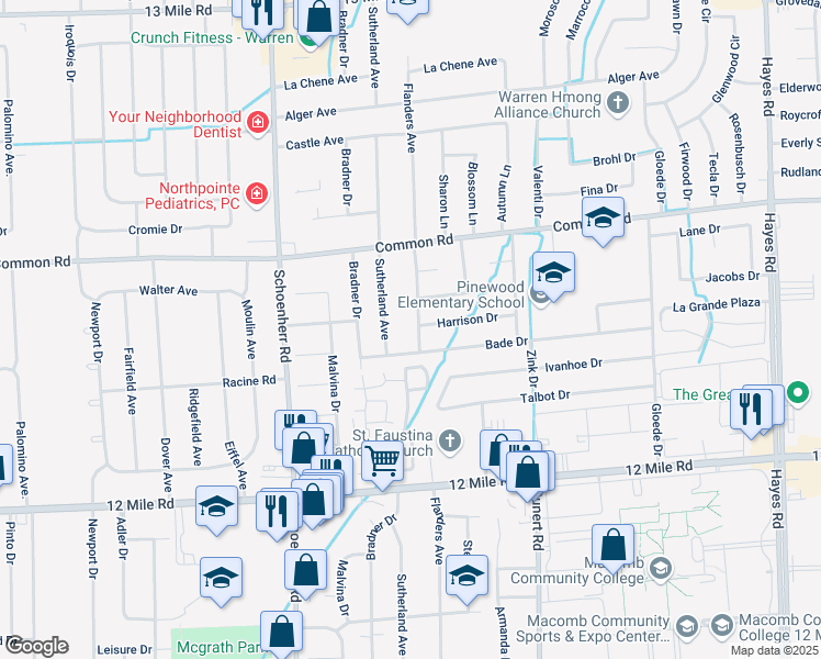 map of restaurants, bars, coffee shops, grocery stores, and more near 29707 Flanders Avenue in Warren