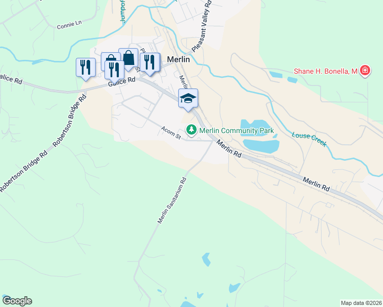 map of restaurants, bars, coffee shops, grocery stores, and more near 101 Acorn Street in Merlin