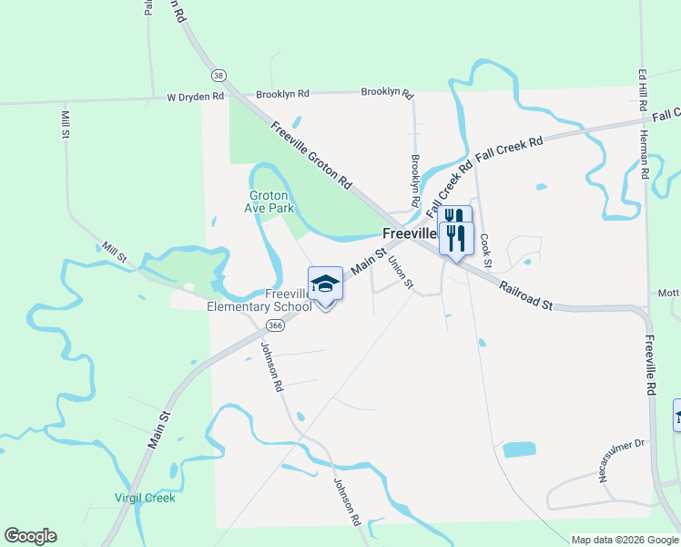 map of restaurants, bars, coffee shops, grocery stores, and more near 32 Main Street in Freeville