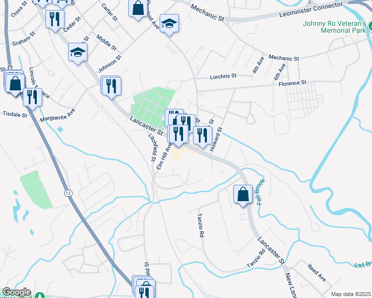 map of restaurants, bars, coffee shops, grocery stores, and more near 439 Lancaster Street in Leominster