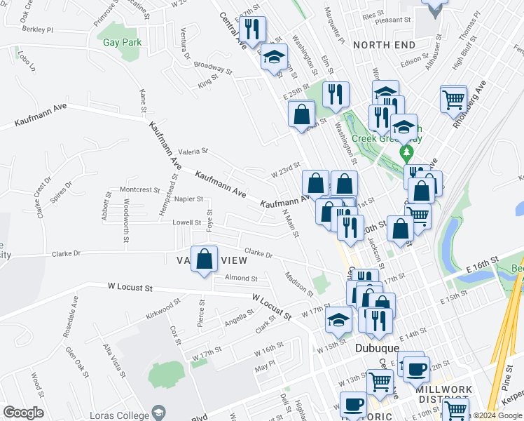 map of restaurants, bars, coffee shops, grocery stores, and more near 2153 Kleine Street in Dubuque