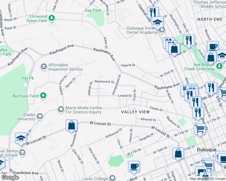 map of restaurants, bars, coffee shops, grocery stores, and more near 2325 Hempstead Street in Dubuque