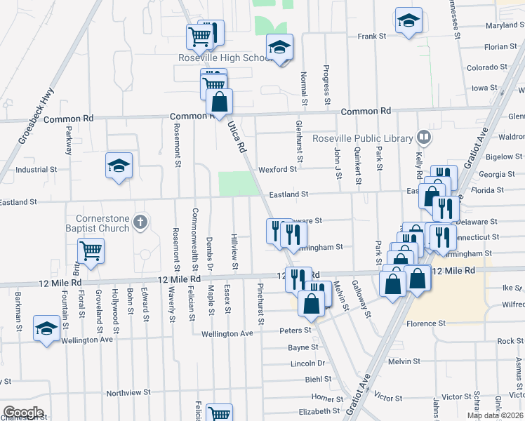 map of restaurants, bars, coffee shops, grocery stores, and more near 29363 Utica Road in Roseville