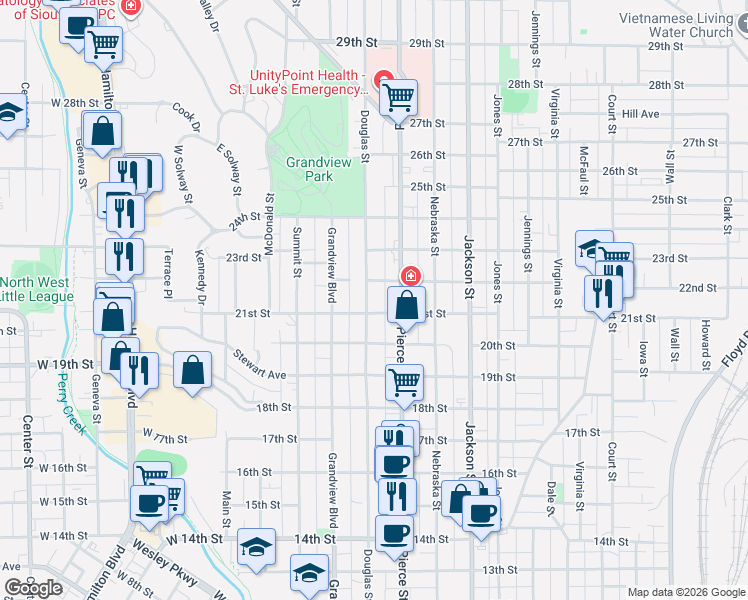 map of restaurants, bars, coffee shops, grocery stores, and more near 2118 Douglas Street in Sioux City