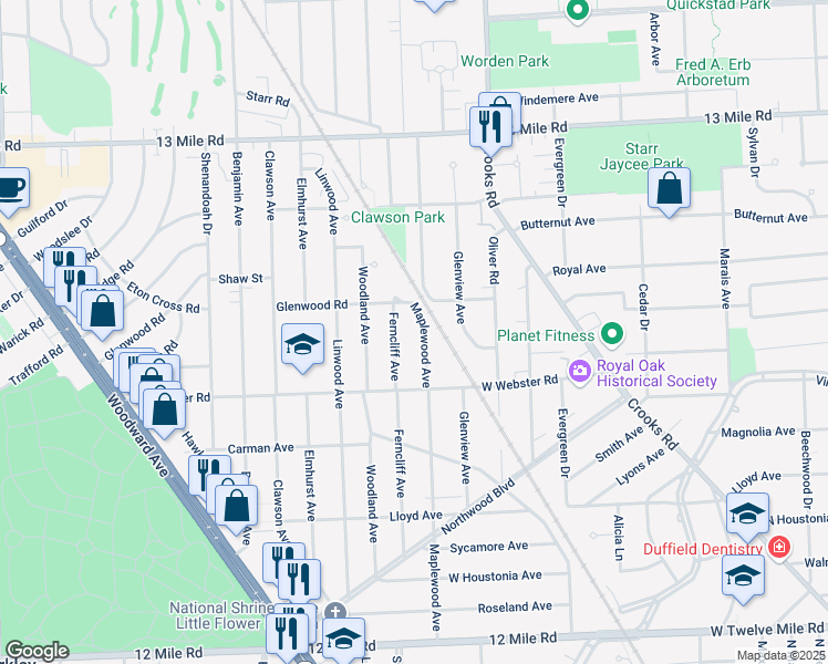 map of restaurants, bars, coffee shops, grocery stores, and more near 2713 Maplewood Avenue in Royal Oak