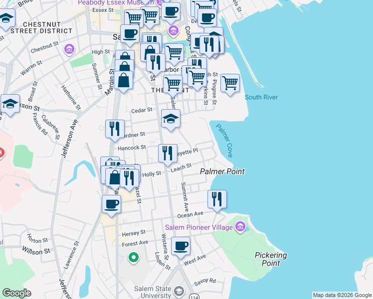 map of restaurants, bars, coffee shops, grocery stores, and more near 80 Salem Street in Salem