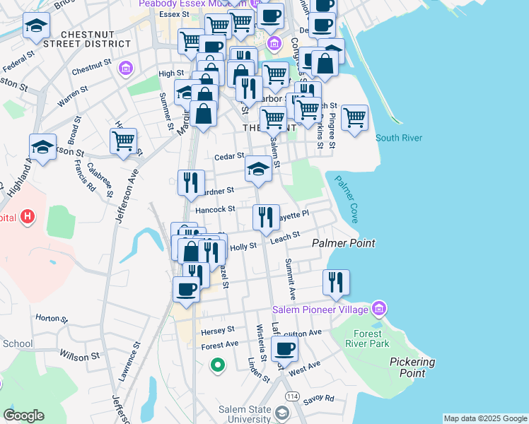 map of restaurants, bars, coffee shops, grocery stores, and more near 5 Saltonstall Parkway in Salem