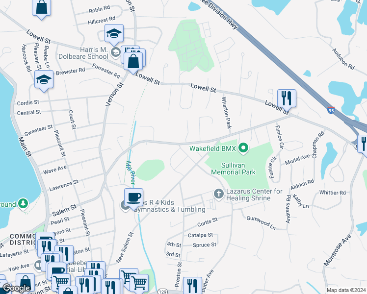 map of restaurants, bars, coffee shops, grocery stores, and more near 189 Salem Street in Wakefield