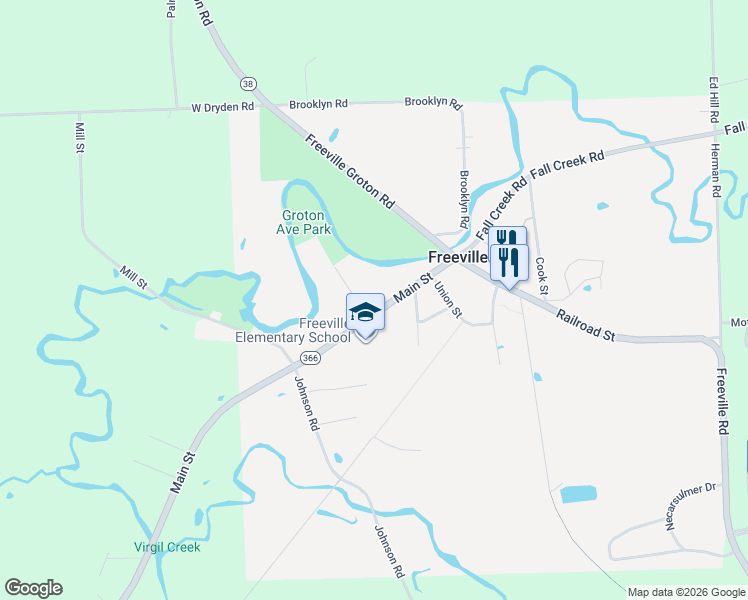 map of restaurants, bars, coffee shops, grocery stores, and more near 32 Main Street in Freeville