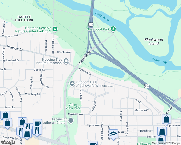 map of restaurants, bars, coffee shops, grocery stores, and more near Trolley Car Trail in Waterloo