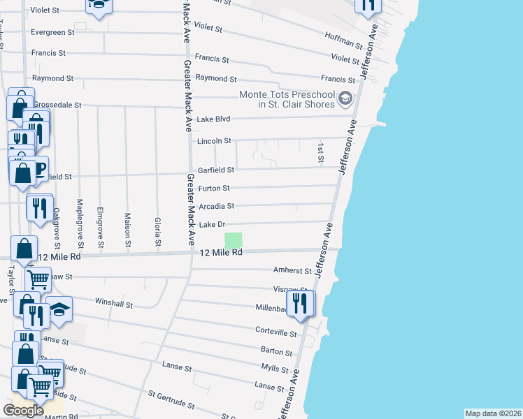 map of restaurants, bars, coffee shops, grocery stores, and more near 22711 Arcadia Street in St. Clair Shores