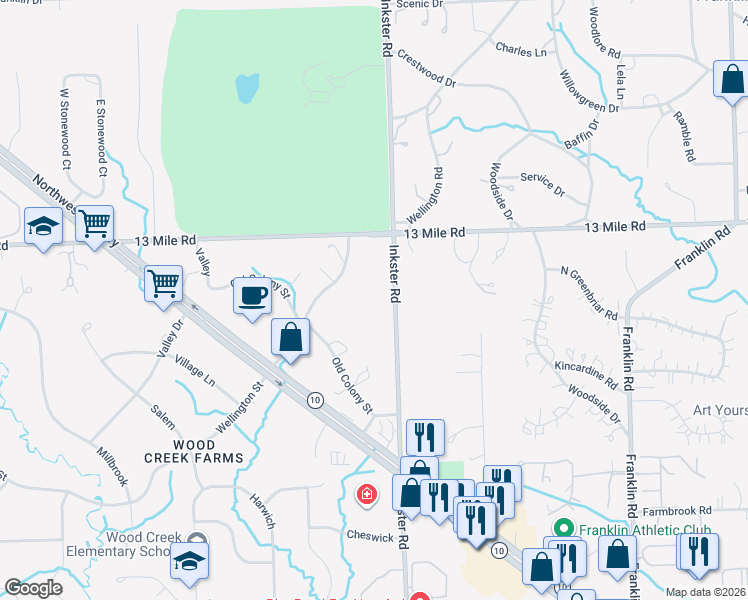 map of restaurants, bars, coffee shops, grocery stores, and more near 30609 Inkster Road in Franklin