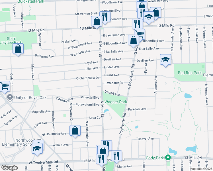 map of restaurants, bars, coffee shops, grocery stores, and more near 2600 North Main Street in Royal Oak
