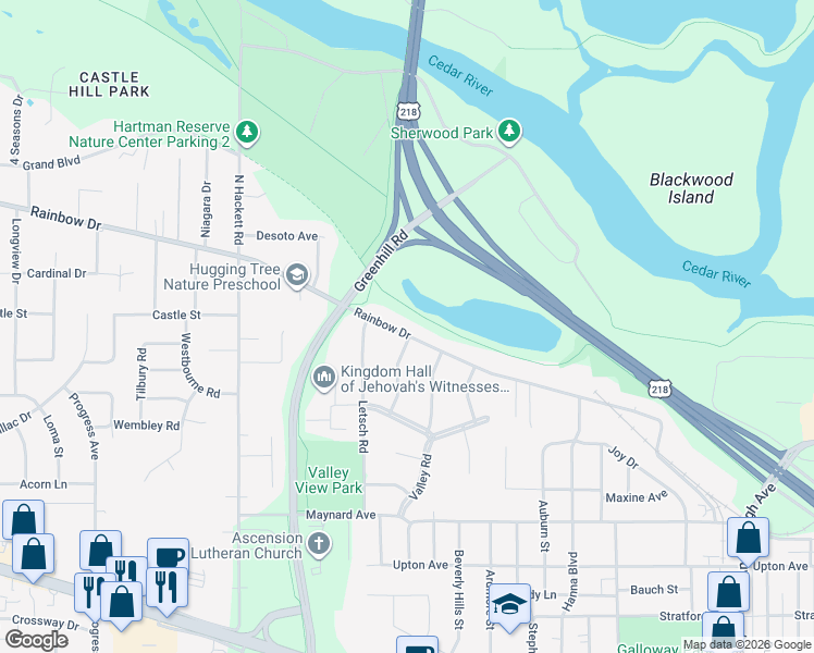map of restaurants, bars, coffee shops, grocery stores, and more near Trolley Car Trail in Waterloo