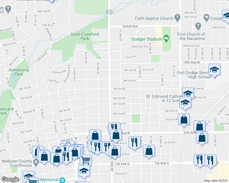 map of restaurants, bars, coffee shops, grocery stores, and more near 1518 7th Avenue North in Fort Dodge