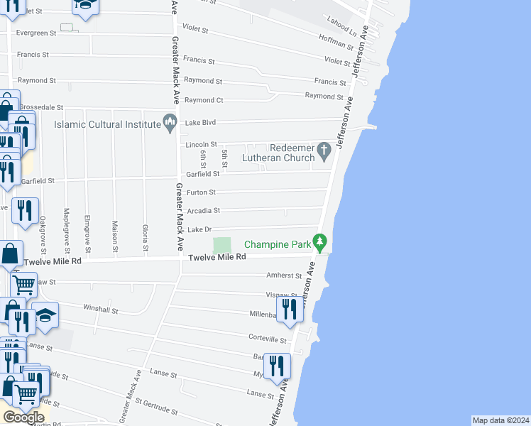 map of restaurants, bars, coffee shops, grocery stores, and more near 22728 Arcadia Street in Saint Clair Shores