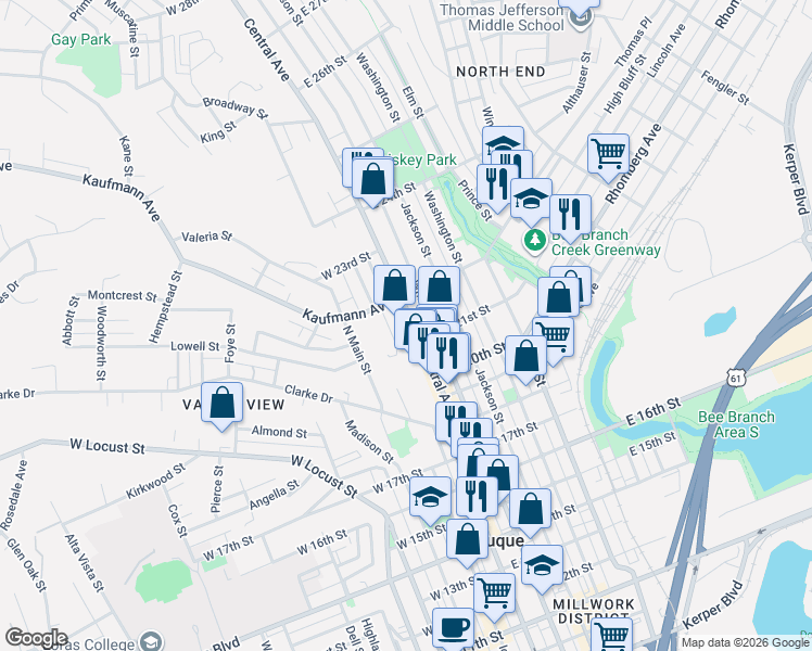 map of restaurants, bars, coffee shops, grocery stores, and more near 2154 Central Avenue in Dubuque