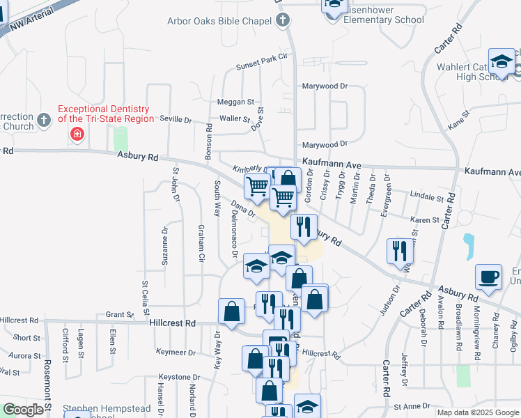 map of restaurants, bars, coffee shops, grocery stores, and more near 3385 Asbury Rd in Dubuque