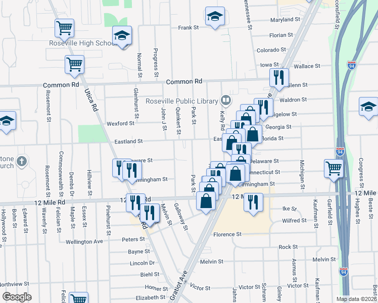 map of restaurants, bars, coffee shops, grocery stores, and more near 18330 Eastland Street in Roseville