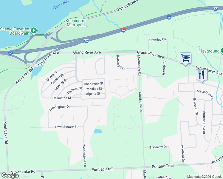 map of restaurants, bars, coffee shops, grocery stores, and more near 59699 Twin Pines Drive in Lyon Charter Township