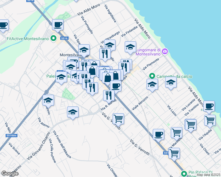 map of restaurants, bars, coffee shops, grocery stores, and more near 180 Corso Umberto 1 in Montesilvano