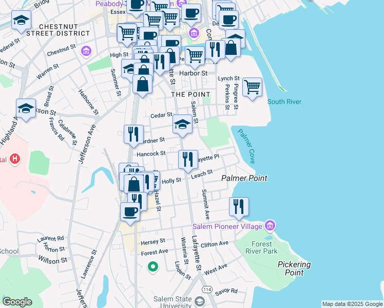 map of restaurants, bars, coffee shops, grocery stores, and more near 5 Saltonstall Parkway in Salem